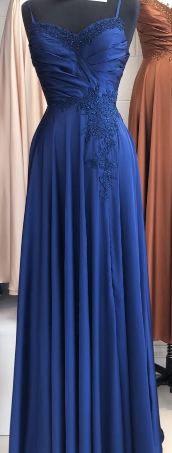 Sweetheart Spaghetti Strap Ruched Bodice Lace Appliqué A-Line Satin Dress by May Queen MQ2254