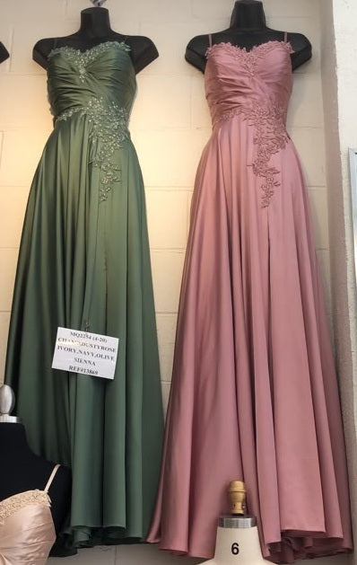 Sweetheart Spaghetti Strap Ruched Bodice Lace Appliqué A-Line Satin Dress by May Queen MQ2254