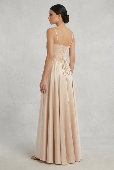 Sweetheart Spaghetti Strap Ruched Bodice Lace Appliqué A-Line Satin Dress by May Queen MQ2254