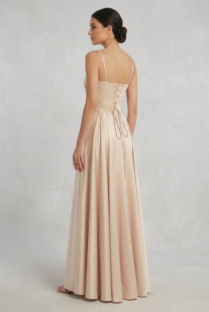Sweetheart Spaghetti Strap Ruched Bodice Lace Appliqué A-Line Satin Dress by May Queen MQ2254