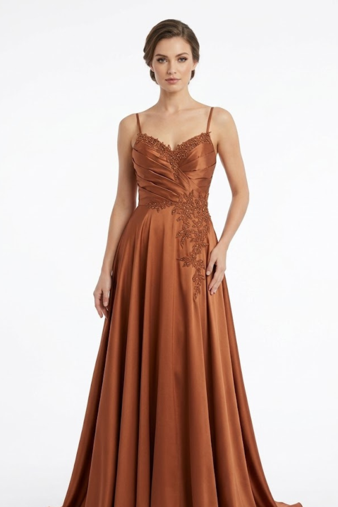 Sweetheart Spaghetti Strap Ruched Bodice Lace Appliqué A-Line Satin Dress by May Queen MQ2254