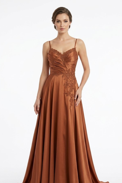 Sweetheart Spaghetti Strap Ruched Bodice Lace Appliqué A-Line Satin Dress by May Queen MQ2254