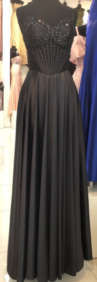 Sweetheart Spaghetti Strap Beaded Corset Bodice A-Line Satin Prom Dress by May Queen MQ2256