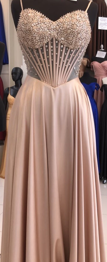 Sweetheart Spaghetti Strap Beaded Corset Bodice A-Line Satin Prom Dress by May Queen MQ2256