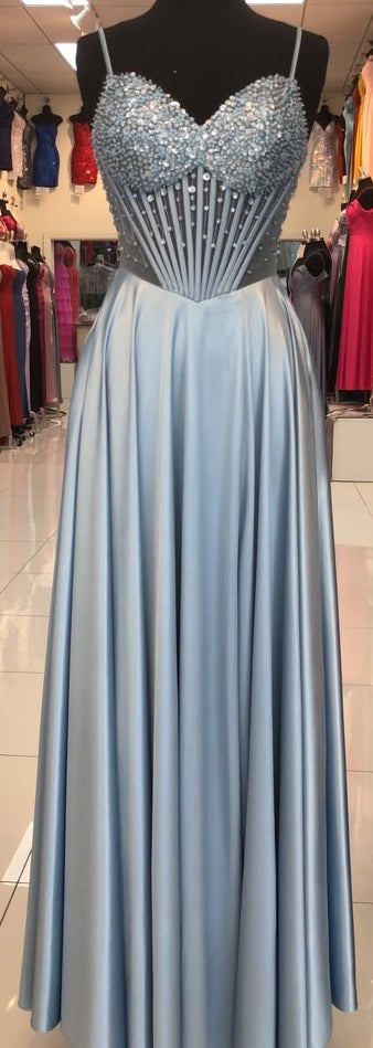 Sweetheart Spaghetti Strap Beaded Corset Bodice A-Line Satin Prom Dress by May Queen MQ2256