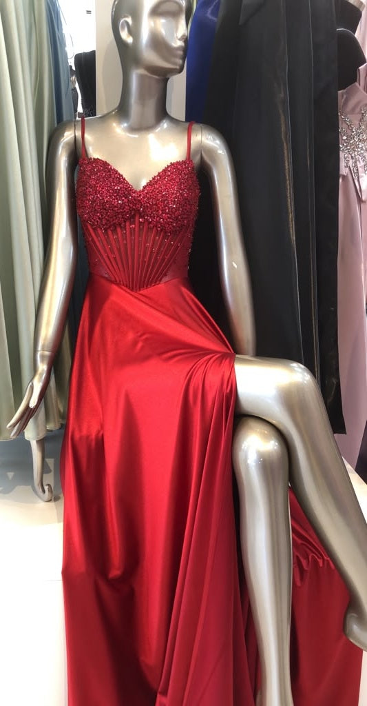 Sweetheart Spaghetti Strap Beaded Corset Bodice A-Line Satin Prom Dress by May Queen MQ2256