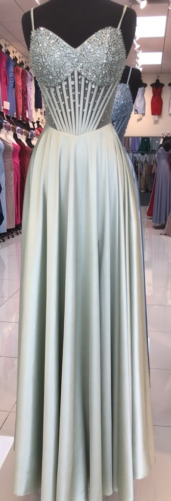 Sweetheart Spaghetti Strap Beaded Corset Bodice A-Line Satin Prom Dress by May Queen MQ2256