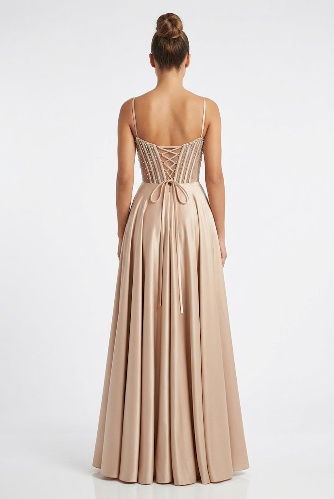 Sweetheart Spaghetti Strap Beaded Corset Bodice A-Line Satin Prom Dress by May Queen MQ2256