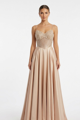 Sweetheart Spaghetti Strap Beaded Corset Bodice A-Line Satin Prom Dress by May Queen MQ2256