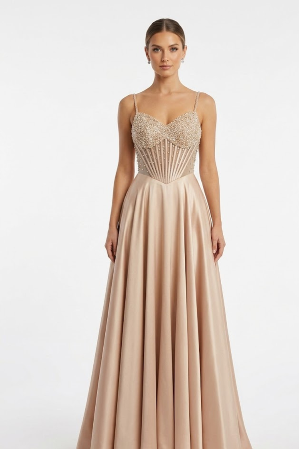 Sweetheart Spaghetti Strap Beaded Corset Bodice A-Line Satin Prom Dress by May Queen MQ2256