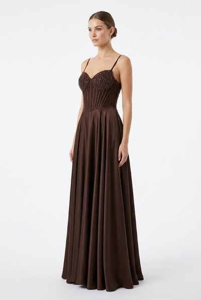 Sweetheart Spaghetti Strap Beaded Corset Bodice A-Line Satin Prom Dress by May Queen MQ2256