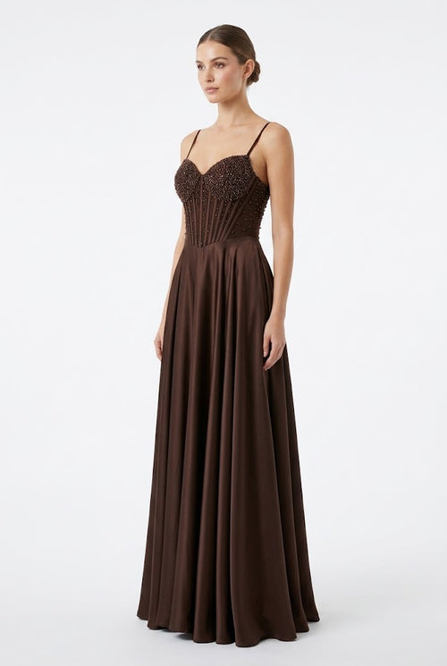 Sweetheart Spaghetti Strap Beaded Corset Bodice A-Line Satin Prom Dress by May Queen MQ2256
