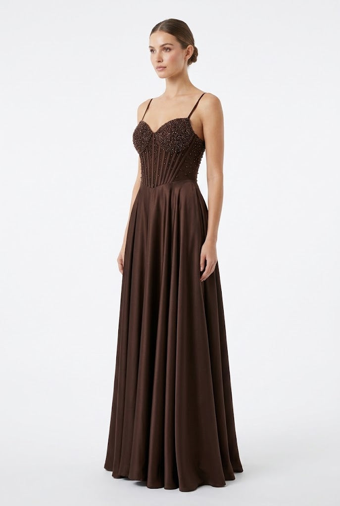 Sweetheart Spaghetti Strap Beaded Corset Bodice A-Line Satin Prom Dress by May Queen MQ2256