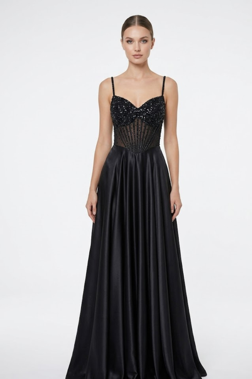 Sweetheart Spaghetti Strap Beaded Corset Bodice A-Line Satin Prom Dress by May Queen MQ2256