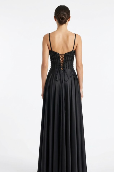 Sweetheart Spaghetti Strap Beaded Corset Bodice A-Line Satin Prom Dress by May Queen MQ2256