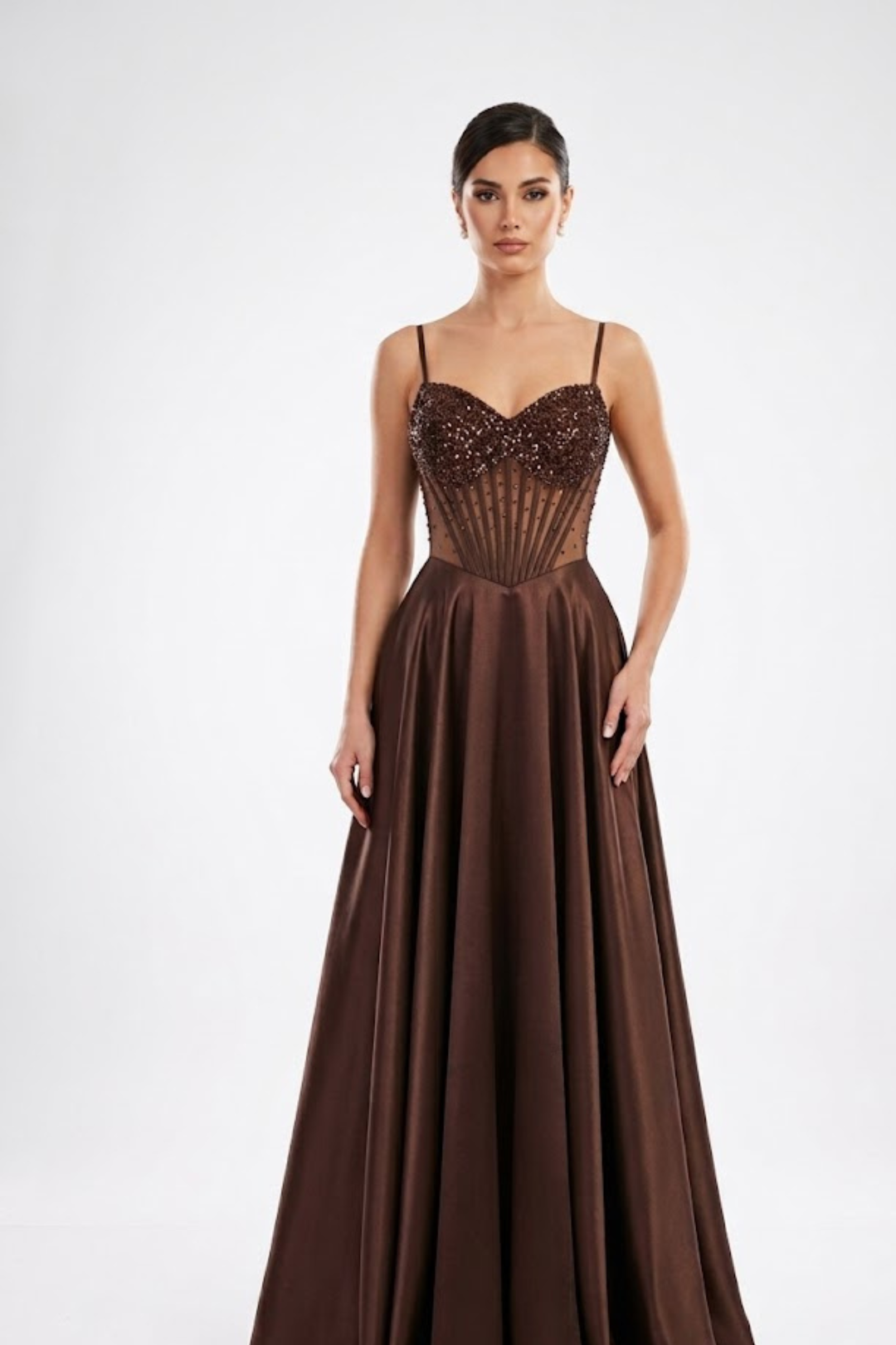 Sweetheart Spaghetti Strap Beaded Corset Bodice A-Line Satin Prom Dress by May Queen MQ2256