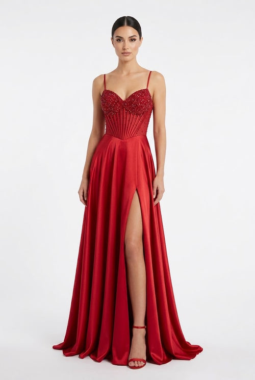 Sweetheart Spaghetti Strap Beaded Corset Bodice A-Line Satin Prom Dress by May Queen MQ2256