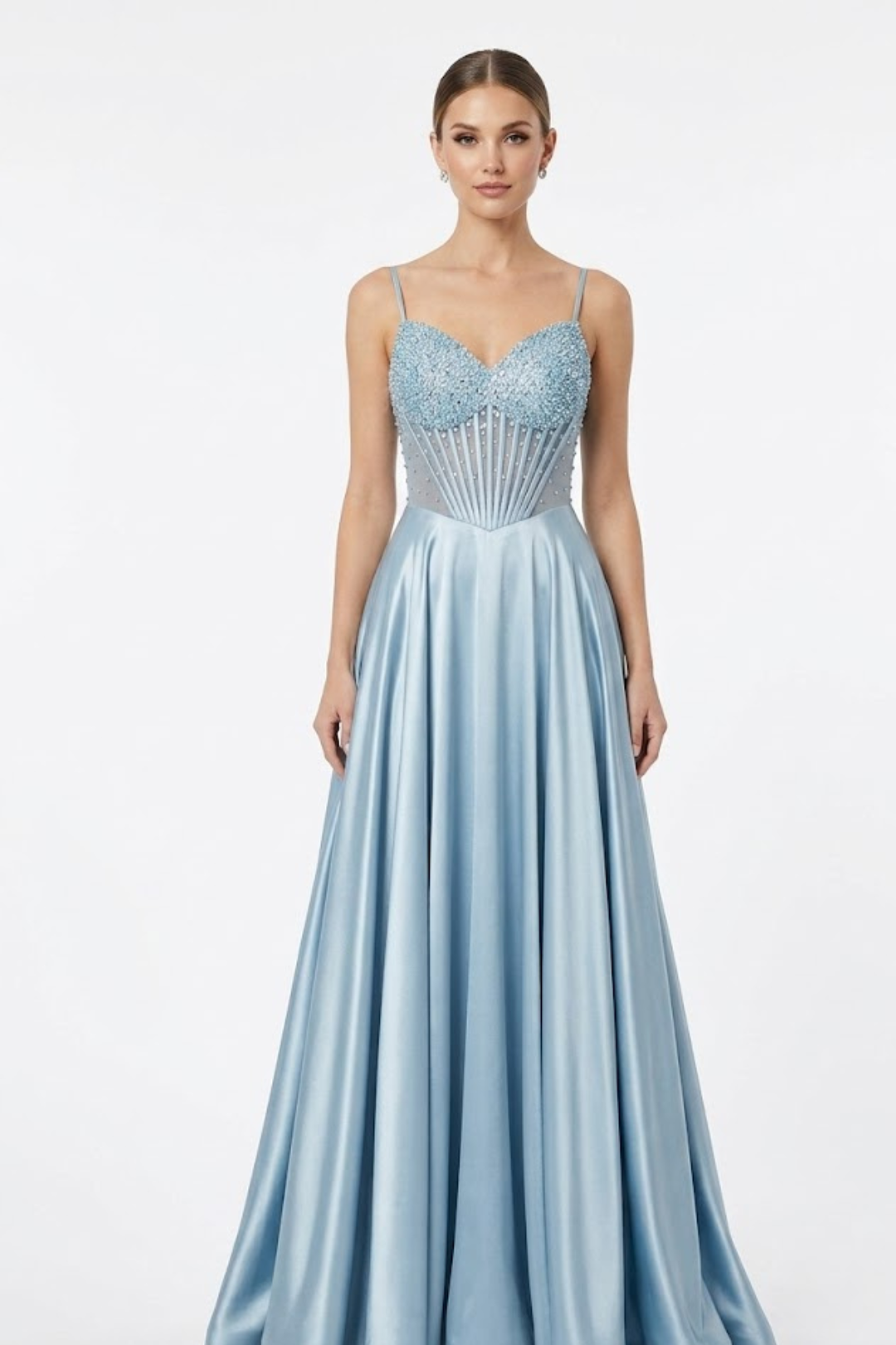 Sweetheart Spaghetti Strap Beaded Corset Bodice A-Line Satin Prom Dress by May Queen MQ2256