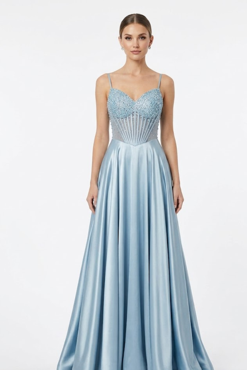 Sweetheart Spaghetti Strap Beaded Corset Bodice A-Line Satin Prom Dress by May Queen MQ2256