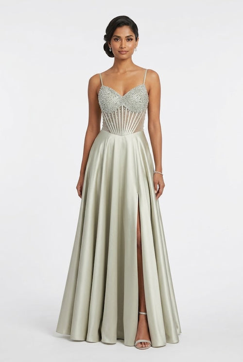 Sweetheart Spaghetti Strap Beaded Corset Bodice A-Line Satin Prom Dress by May Queen MQ2256