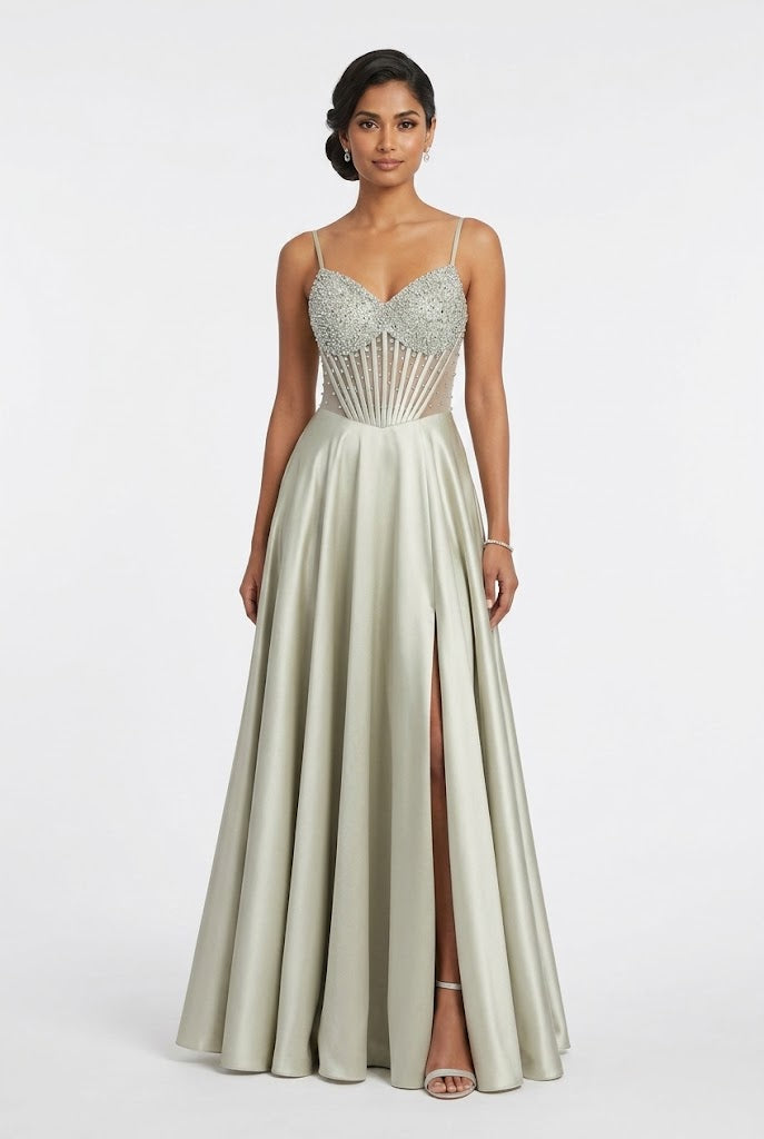 Sweetheart Spaghetti Strap Beaded Corset Bodice A-Line Satin Prom Dress by May Queen MQ2256