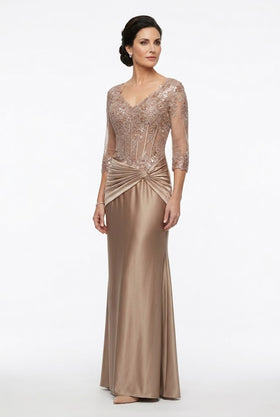 3/4 Sleeve V-Neck Lace Sequin Ruched Sheath Mother of the Bride Dress by May Queen MQ2257