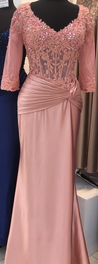 3/4 Sleeve V-Neck Lace Sequin Ruched Sheath Mother of the Bride Dress by May Queen MQ2257