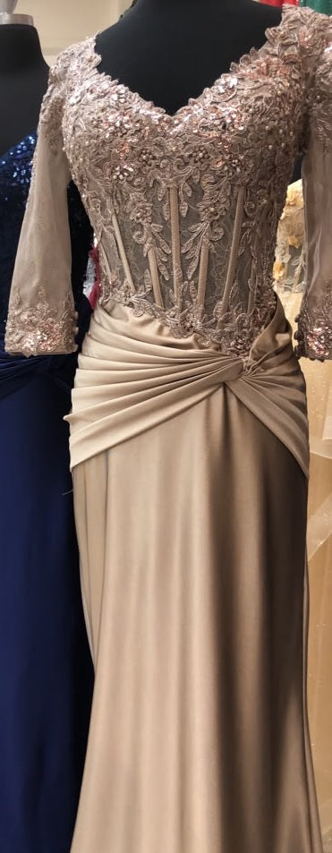 3/4 Sleeve V-Neck Lace Sequin Ruched Sheath Mother of the Bride Dress by May Queen MQ2257