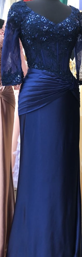 3/4 Sleeve V-Neck Lace Sequin Ruched Sheath Mother of the Bride Dress by May Queen MQ2257