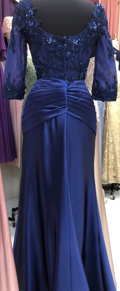 3/4 Sleeve V-Neck Lace Sequin Ruched Sheath Mother of the Bride Dress by May Queen MQ2257