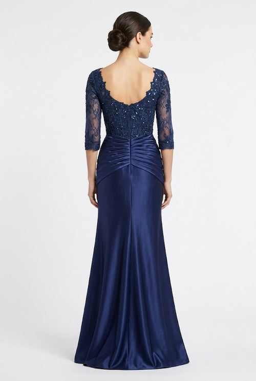 3/4 Sleeve V-Neck Lace Sequin Ruched Sheath Mother of the Bride Dress by May Queen MQ2257