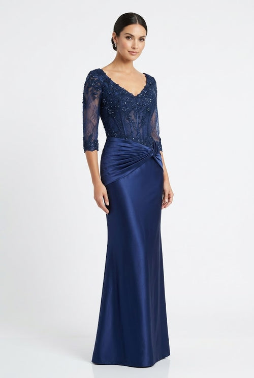 3/4 Sleeve V-Neck Lace Sequin Ruched Sheath Mother of the Bride Dress by May Queen MQ2257