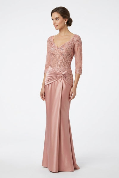 3/4 Sleeve V-Neck Lace Sequin Ruched Sheath Mother of the Bride Dress by May Queen MQ2257