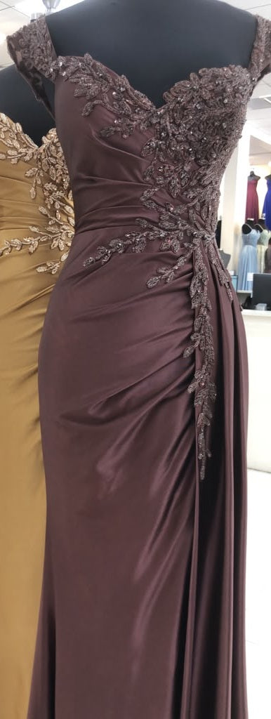 Off-The-Shoulder Sweetheart Beaded Lace Appliqué Ruched Mermaid Evening Gown by May Queen MQ2258