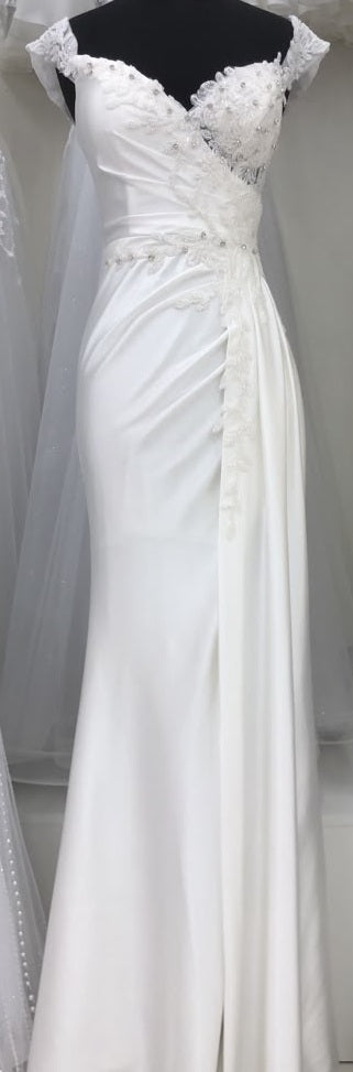 Off-Shoulder Sweetheart Beaded Lace Applique Ruched Mermaid Wedding Dress by May Queen MQ2258