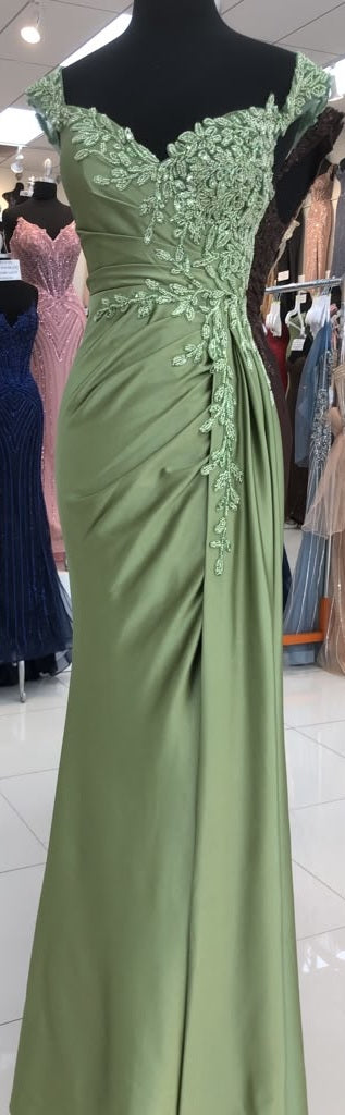 Off-The-Shoulder Sweetheart Beaded Lace Appliqué Ruched Mermaid Evening Gown by May Queen MQ2258