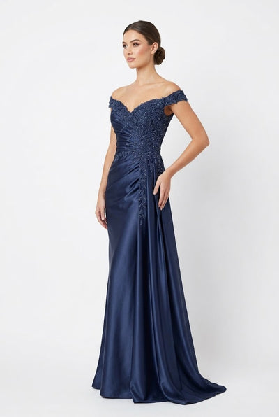 Off-The-Shoulder Sweetheart Beaded Lace Appliqué Ruched Mermaid Evening Gown by May Queen MQ2258