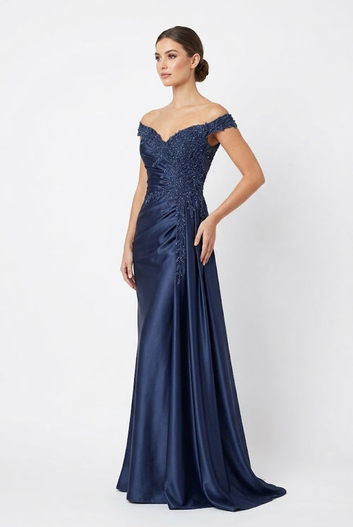 Off-The-Shoulder Sweetheart Beaded Lace Appliqué Ruched Mermaid Evening Gown by May Queen MQ2258