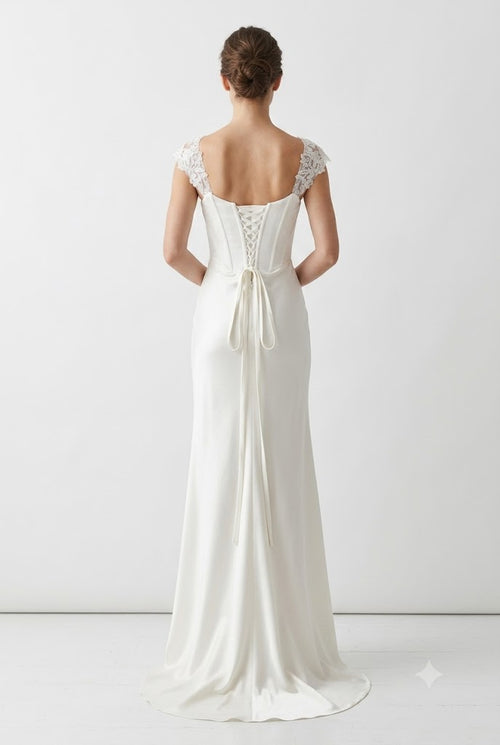 Off-Shoulder Sweetheart Beaded Lace Applique Ruched Mermaid Wedding Dress by May Queen MQ2258