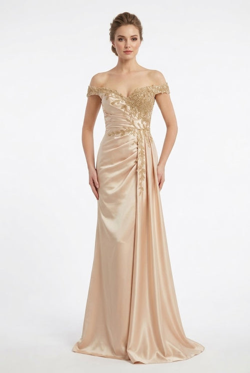 Off-The-Shoulder Sweetheart Beaded Lace Appliqué Ruched Mermaid Evening Gown by May Queen MQ2258