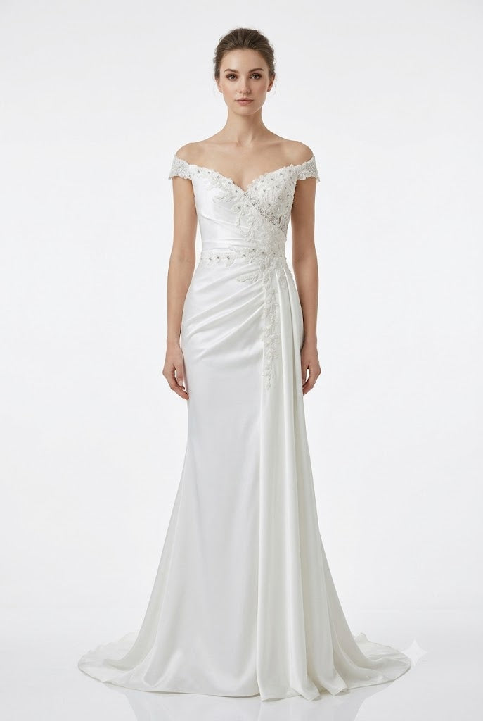 Off-Shoulder Sweetheart Beaded Lace Applique Ruched Mermaid Wedding Dress by May Queen MQ2258