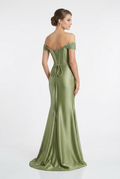 Off-The-Shoulder Sweetheart Beaded Lace Appliqué Ruched Mermaid Evening Gown by May Queen MQ2258