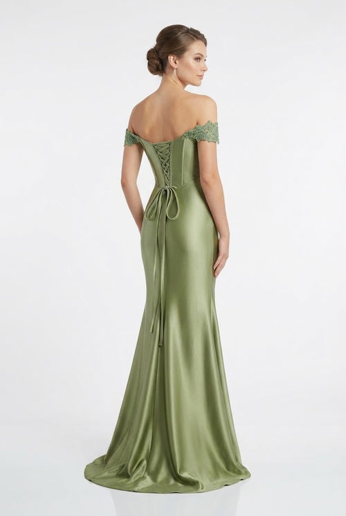 Off-The-Shoulder Sweetheart Beaded Lace Appliqué Ruched Mermaid Evening Gown by May Queen MQ2258