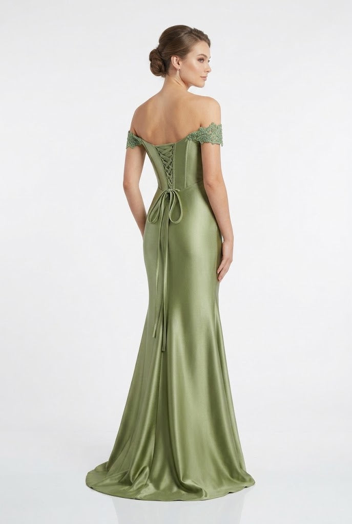 Off-The-Shoulder Sweetheart Beaded Lace Appliqué Ruched Mermaid Evening Gown by May Queen MQ2258