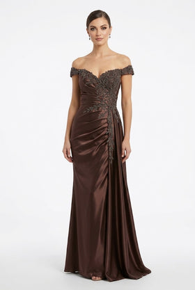 Off-The-Shoulder Sweetheart Beaded Lace Appliqué Ruched Mermaid Evening Gown by May Queen MQ2258