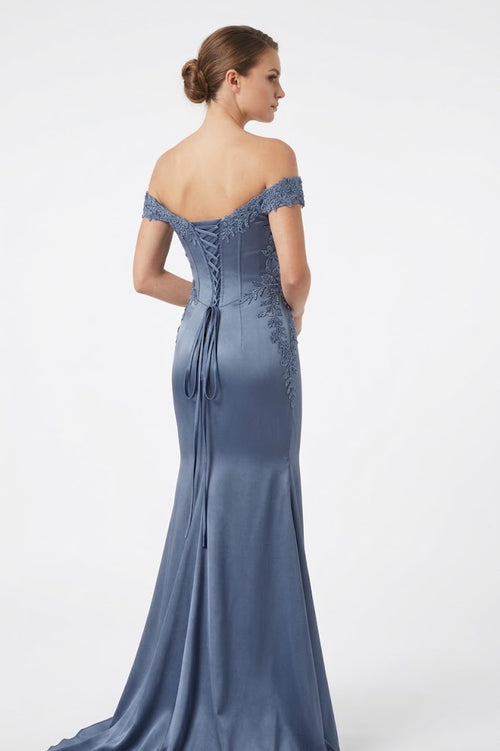 Off-The-Shoulder Sweetheart Beaded Lace Appliqué Ruched Mermaid Evening Gown by May Queen MQ2258