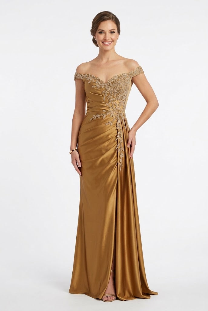 Off-The-Shoulder Sweetheart Beaded Lace Appliqué Ruched Mermaid Evening Gown by May Queen MQ2258