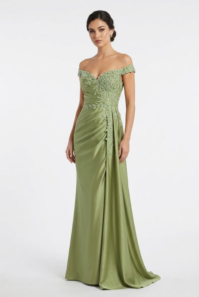 Off-The-Shoulder Sweetheart Beaded Lace Appliqué Ruched Mermaid Evening Gown by May Queen MQ2258