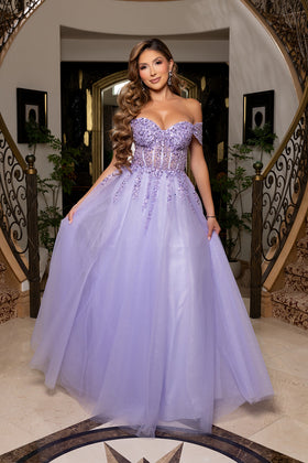 Off-Shoulder Corset A-Line Prom Dress with Floral Sequin Appliques & Tulle Skirt by May Queen MQ2264