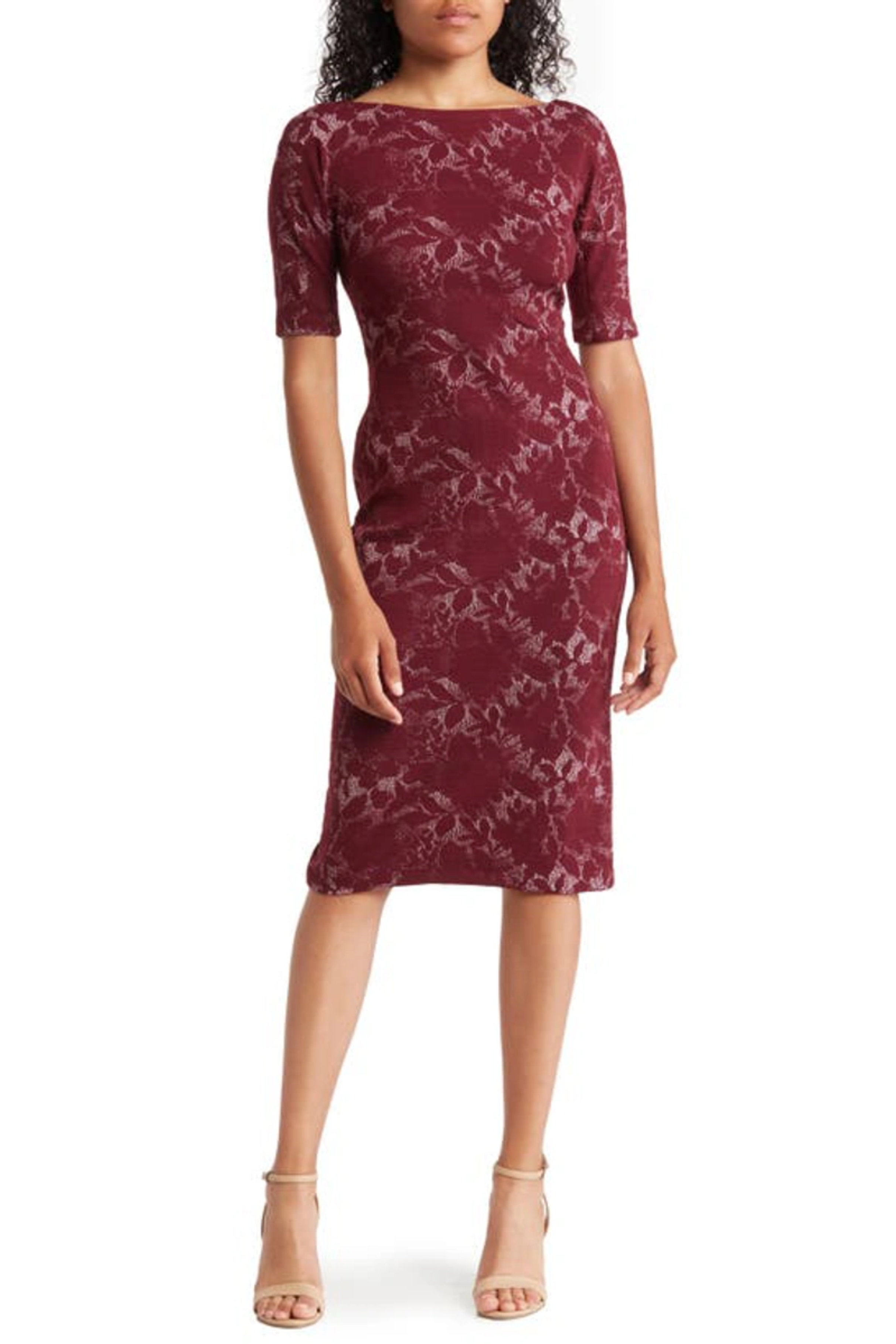 Maggy London Shadow Flower Knit Midi Dress, 10 / Red